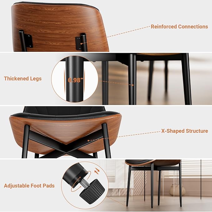 YaFiti Dining Chairs Set of 8, Dining Room and Kitchen Chairs, FSC Certified Mid Century Modern Accent Chair, Upholstered PU Leather Chairs for Vanity with Walnut Bentwood and Metal Legs, Black