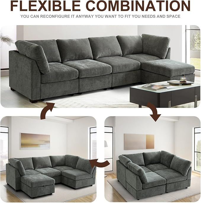 EDILLY 122 inches Oversized Modular Sectional Fabric Cloud Sofa Set, Extra Large L Shaped Couch Reversible Chaise Couch,4 Seat Modular Sofa, Grey