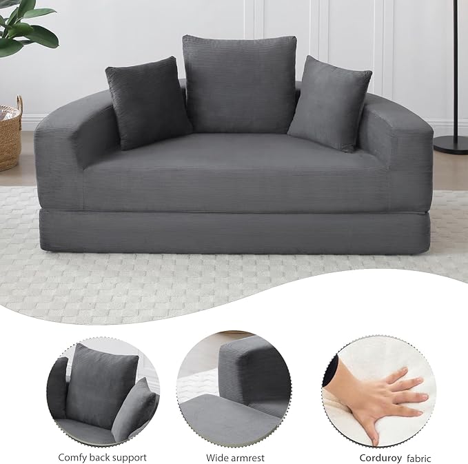 67" Round Convertible Folding Sofa Bed, Boneless Couch Loveseat, Floor Sleeper Chaise Lounge for Living Room, Apartment, Dorm, Small Spaces, Gray