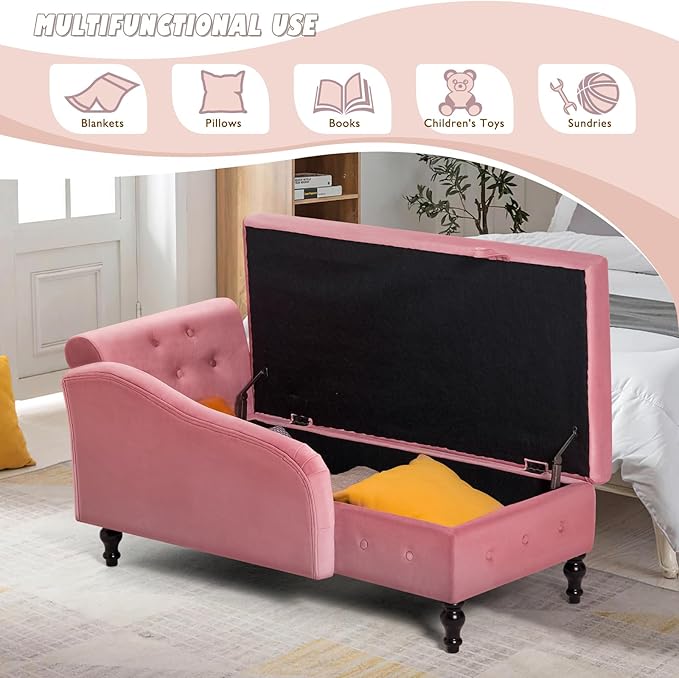 ACMEASE Upholstered Chaise Lounge with Right Armrest & Lumbar Pillow,Button Tufted Lounge Sofa with Storage,Lounge Chair Indoor,Modern Velvet Lounge Chair for Bedroom, Living Room and Office,Pink