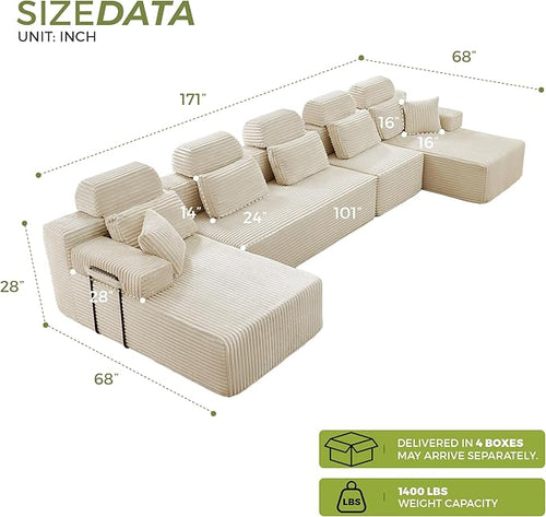 171" U-Shaped Cloud Modular Sectional Sofa with Chaise & Headrest, Boneless Deep Seat Plush Corduroy Couches for Large Living Room, No Assembly Required (White, 171" U-shapred Chaise)