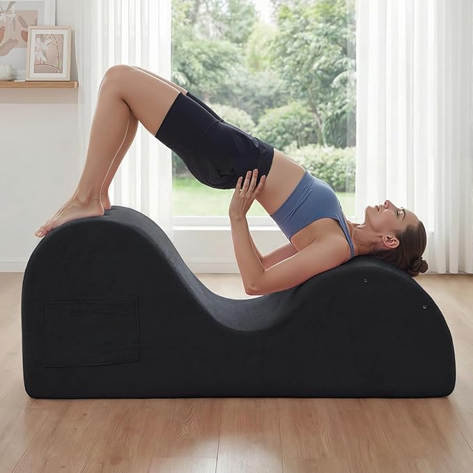 Yoga Chaise Lounge Chair, S-Shaped Floor Sofa with Moveable Headrest, Lumbar Pillow, Support Cushion, Footrest, Non-Slip Base, No-Assembly Lounger for Stretching, Meditation & Relaxation (Black)