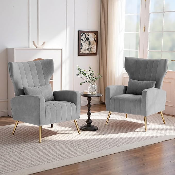 Nalupatio Modern Accent Chairs for Set of 4 Upholstered Velvet Fabric Reading Chair Mid Century Arm Chair Comfy Armchair for Living Room,Grey