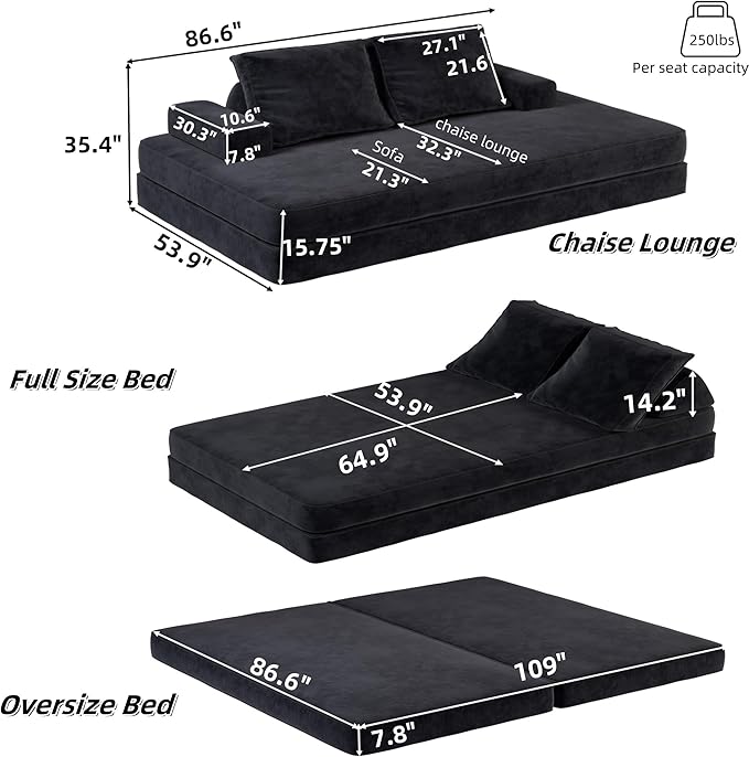 Convertible Sleeper Sofa Bed Floor Sofa,86.6" King Size Folding Mattress Couch with Pillow,Upholstered Boneless Cloud Couch for Apartment Living Room Bedroom (Dark Gray)