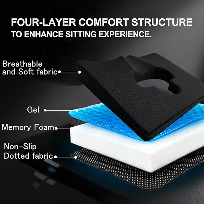 Rivquvi Gel Wheelchair Seat Cushion,Bed Sore Cushions for Butt,hemorrhoid pillow for Chair,Pressure Sore cushion,Memory Foam Butt Pillow,Sciatica,Coccyx,Pressure Ulcer Pain Relief,Washable Cover(Black