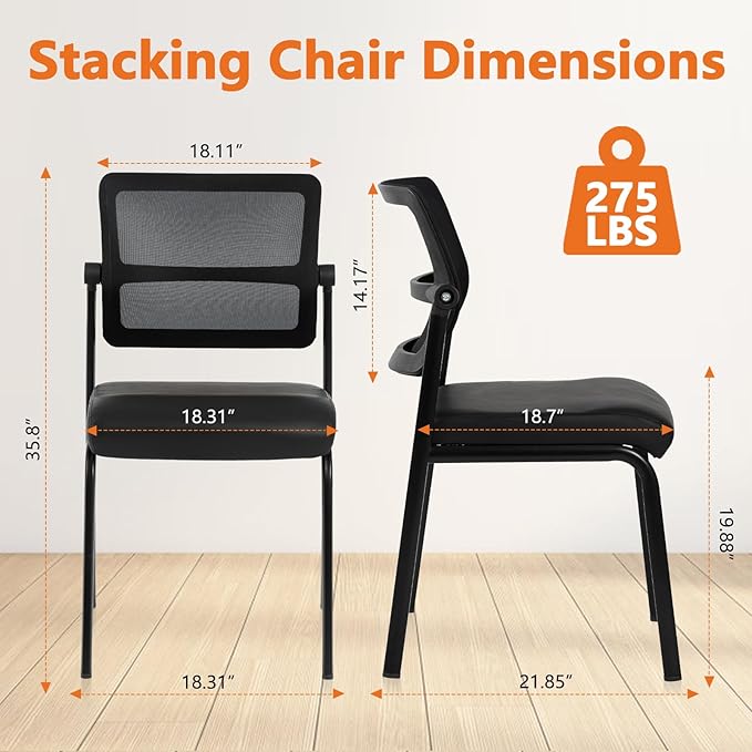 CLATINA 4PK Mesh Stacking Office Desk Chairs, Portable Stackable Bulk Waiting Room Armless Chair with Adjustable Back & Leather Seat for Guest Lobby Side School Church Conference Break, Black