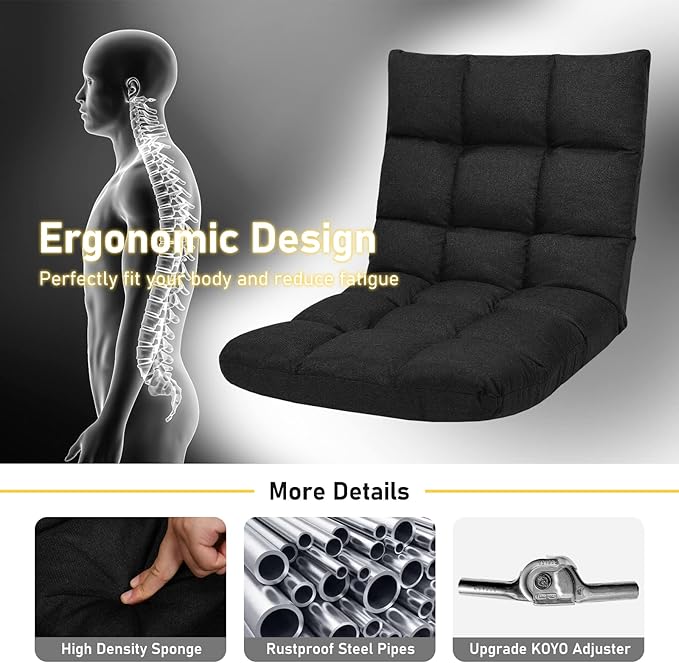 COSTWAY Floor Chair, Folding Gaming Chair with Back Support, 14 Adjustable Positions, Alloy Steel Frame, Lazy Sofa Lounge for Playing Reading Meditating Room Recliner for Adults, Kids (Black)
