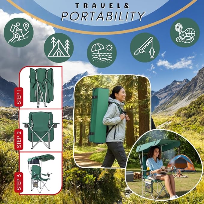 CozyBox Portable Folding Camping Chairs with Canopy Shade, Beach Chair for Adults, Durable Weather Resistant 600D Oxford Cloth, Camping Chair with Canopy for Outdoors [Green-2 Pack]
