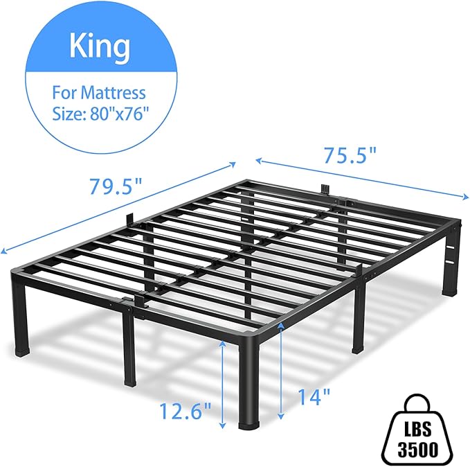 VIPSHOW 14 Inch King Size Bed Frame, 3500Lbs Heavy Duty Metal Platform with Round Corner Legs Mattress Slide Stopper, Steel Slat Support No Box Spring Needed, Noise Free, Non-Slip, Easy Assembly