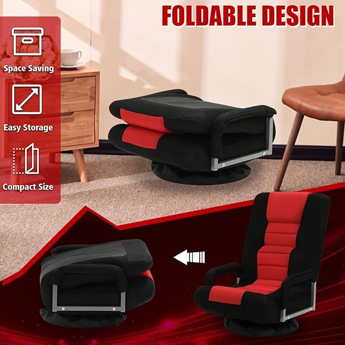 ACIPENSER Swivel Gaming Chair Multipurpose Floor Gaming Chair for Playing Video Games, TV, Reading w/Armrest Lumbar Support & 6 Adjustable Postion Backrest for Adults & Kids,Red