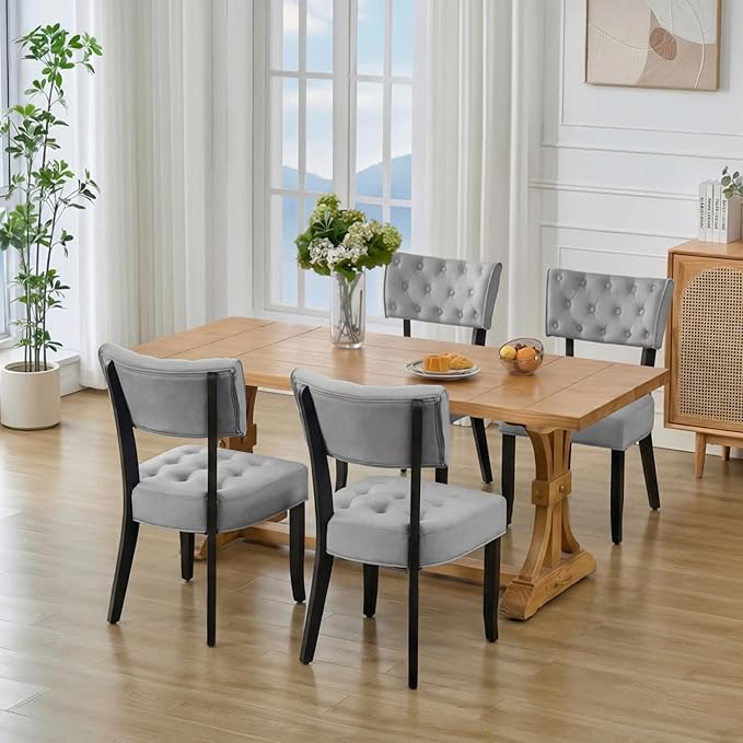 UVV Upholstered Dining Chairs Set of 4, Mid Century Modern Tufted Kitchen Chairs Dining Room Chairs, Velvet Dinner Chair with Wood Legs for Dining Room Kitchen, Light Grey-Black Legs