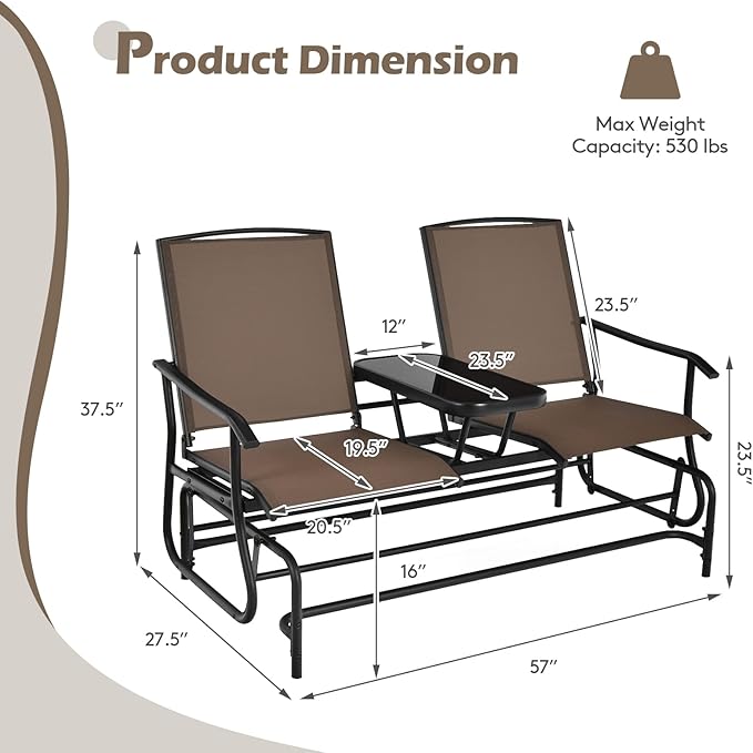 S AFSTAR 2-Person Outdoor Glider, Patio Glider Bench Chairs with Center Tempered Glass Table & Breathable Loveseat, Double Swing Glider Chair for Porch Garden Poolside Balcony Lawn (Brown)