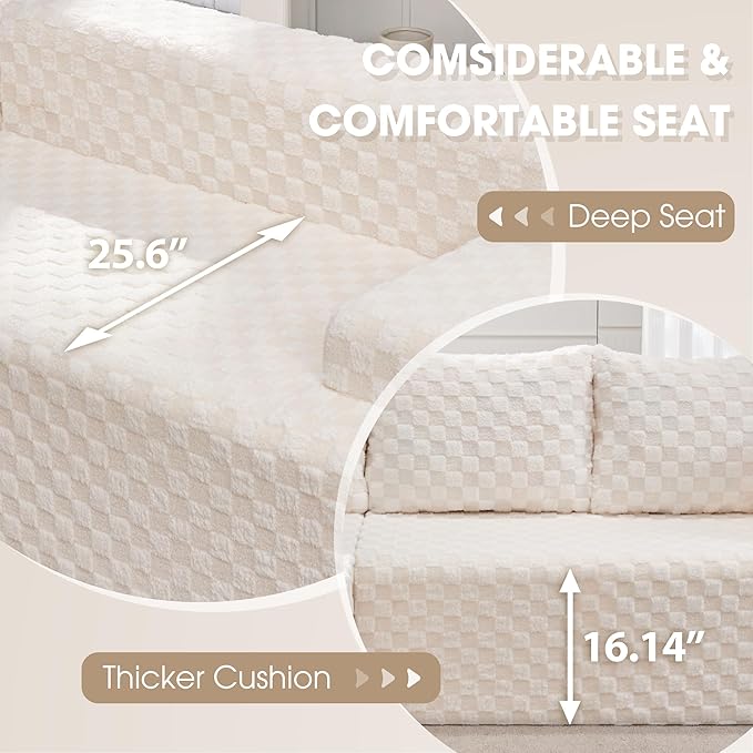 Modular Sectional Sofa Couches L-Shape Couch 3 Seat Modular Sofa Memory Foam Sectional Couches for Living Room, Cloud Couch with Oversized Chaise (White Check, 96" Right Facing Chaise)