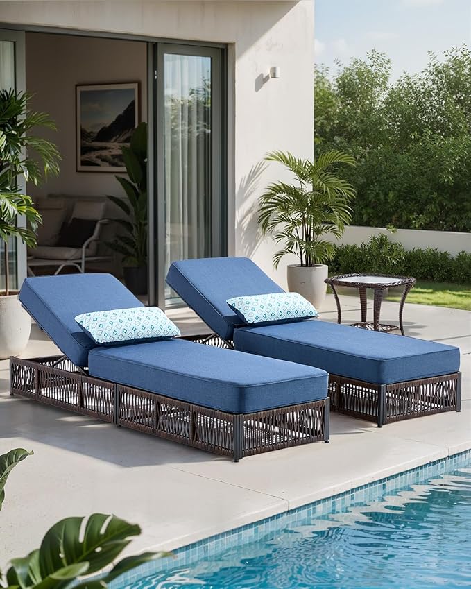 ACTREST Luxury 2PCS Outdoor Chaise Lounge and Side Table Set with 5 Inch Thick Cushions - High Back Brown Wicker Patio Recliners Chairs Lounger for Poolside Pool Porch Garden Sunbathing - Navy Blue