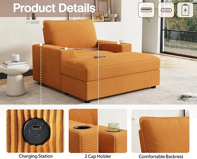 Merax 42.8" Oversized Chaise Lounge Chair with Storage Ottoman,Corduroy Sofa Bed with Cup Holders,USB Charging Port,Upholstered Sleeper Chair,Deep - Seat Reading Couch for Living Room,Bedroom,Yellow