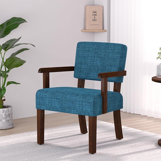 FAGAGA Accent Chair,Armchairs with Solid Wood Frame and Legs,Upholstered Reading Leisure Chair for Bedroom,Office,Waiting Room (Linen, Blue, One Chair)