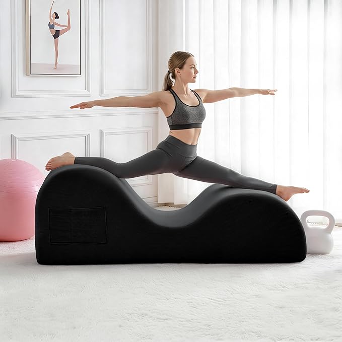 DRMBOOK Yoga Chairs for Adults, Corduroy Fabric Chaise Lounge with Headrest, Boneless Yoga Sofa Couch with Waist Cushion, Movable Footrest, Side Pockets for Relaxation Exercise Stretching (Black)