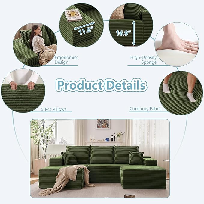 107" W Cloud Sectional Couch with Ottoman,Modern U-Shaped Cloud Couch with Deep Seat,Comfy Corduroy 3-Seater Sofa,Memory Foam Sofa for Living Room,No Assembly (Green,Right-Facing Chaise)
