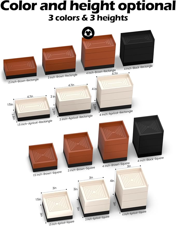 Furniture Risers, Tclouda Bed/Sofa/Desk/Table/Chair Leg/Fridge Lifts to 1.5, 3 and 4 in, Square Adjustable Risers Blocks for Extenders, Heavy Duty Supports Up to 1300 Lbs, 4 in-Apricot-Square