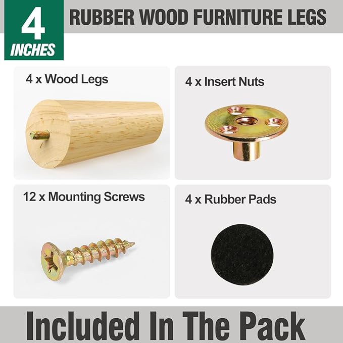 FoDau770 Rubber Wood Furniture Legs 4 Inches, Slant Tapered Wood Feet Mid Century Sofa Legs Set of 4, 5/16" UNC Furniture Feet Replacement Parts for Cabinet Couch Dresser Chair Ottoman Table