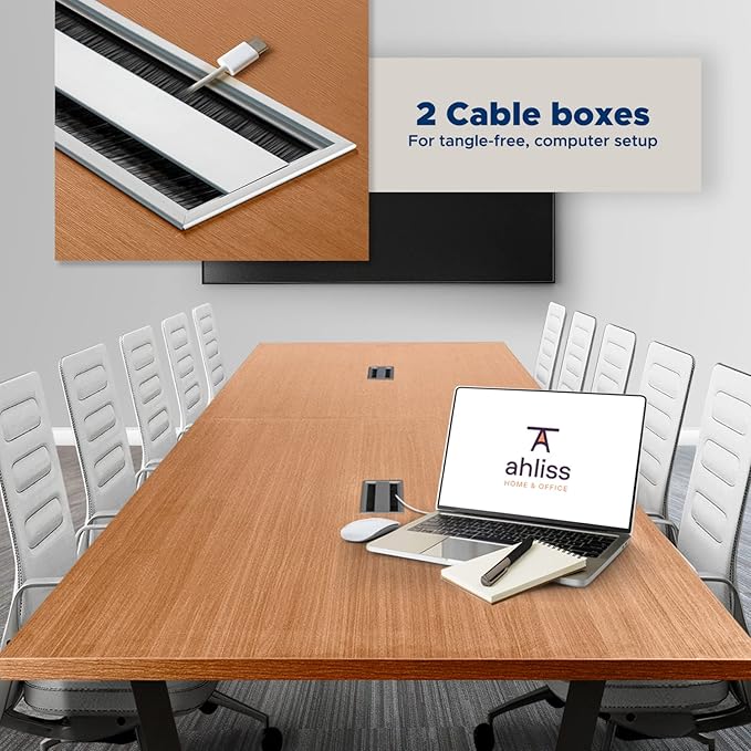 ahliss Sturdy Conference Table with Cable Management Grommets Modern Rectangle Office Meeting Table with Wood Tabletop and Metal Frame & Legs- Easy Assembly Boardroom Table (Natural, 10 Foot)