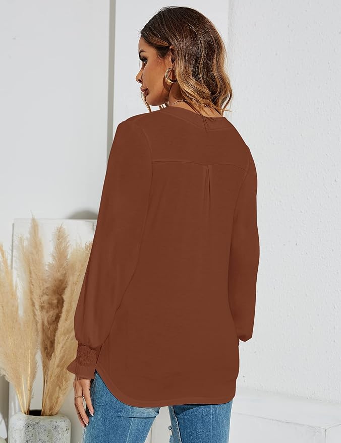 Romanstii Women's Casual V-Neck T-Shirts Loose Puff Long Sleeve Tops Tunic Blouses