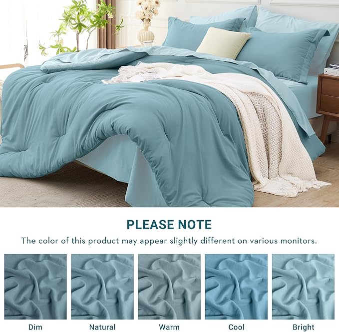 MUXHOMO 7 Pieces Full Comforter Set, Soft Bed in a Bag Full Size, All Season Bedding Set with Comforter, Flat Sheet, Fitted Sheet, Pillowcases & Shams, Mineral Blue & Light Blue