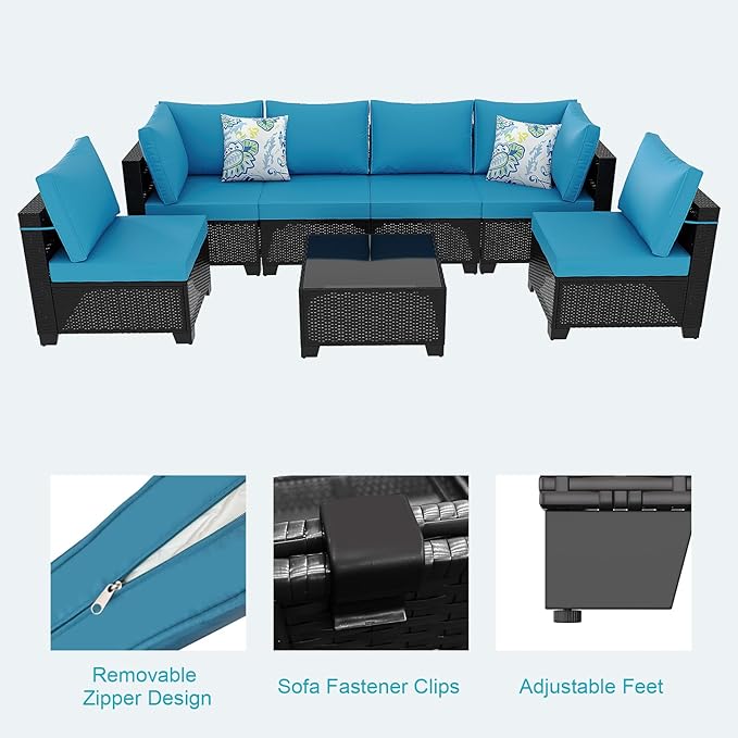 Ophelian 7 Pieces Outdoor Conversation Sectional Rattan Sofa, Patio Furniture Set, with Wicker and Cushions for Garden and Backyard, (Coffee/Peacock Blue)