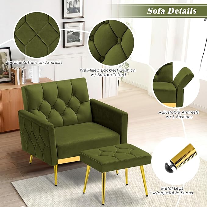 ACMEASE Velvet Accent Chair w/Adjustable Armrests and Backrests, Tufted Single Sofa with Ottoman, Upholstered Reading Chiar for Living Room, Apartment, Bedroom, Olive Green