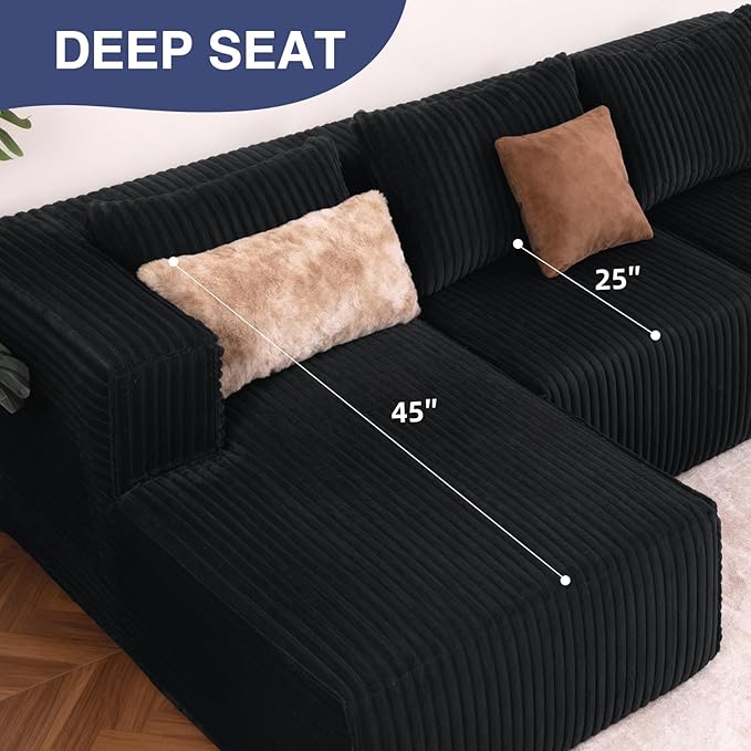 Favoduerme 117” Cloud Sectional Couch for Living Room, L-Shape Modular Convertible Sofa with Chaise, 4 Seater Boneless Couch for Apartment, Large Seat Sofa with Throw Pillow, No Assembly, Black