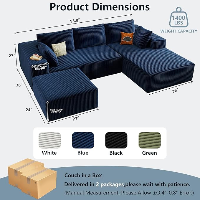 96" W Cloud Sectional Couch with Ottoman,Modern U-Shaped Cloud Couch with Deep Seat,Comfy Corduroy 3-Seater Sofa,Memory Foam Sofa for Living Room,No Assembly (Blue,Right-Facing Chaise)