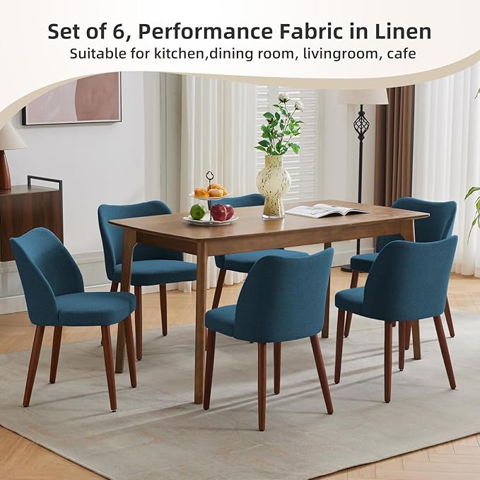 ElfinAura Dining Chair Set of 6, Linen Upholstered Dining Chair with Wood Legs, Wing Backrest, Wooden Kitchen Chair, Kitchen Chairs with Thick Cushions for Dining Room, Living Room, Blue