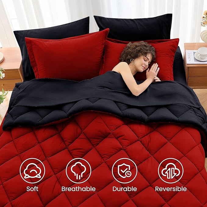 MUXHOMO 5 Pieces Twin XL Comforter Set, Reversible Bed in a Bag Twin XL Size, All Season Bedding Set with Comforter, Flat Sheet, Fitted Sheet, Pillowcases & Shams, Red & Black