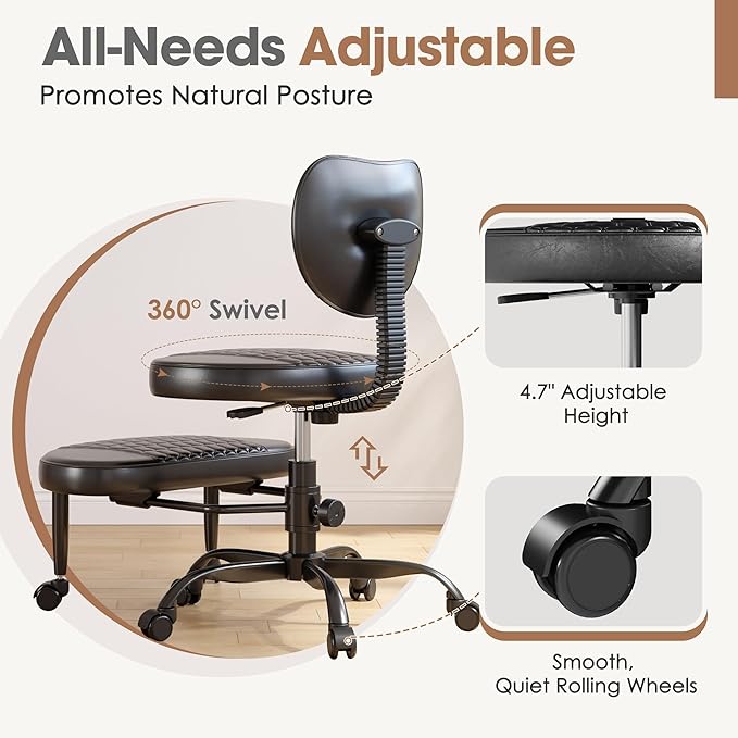 Anunweldo Cross Legged Office Chair, 360° Swivel ADHD Chairs for Adults, Height Adjustable Ergonomic Cross Legged Office Chair with Wheels, Wide Cross Legged Chair for Meditation, Yoga (Black)