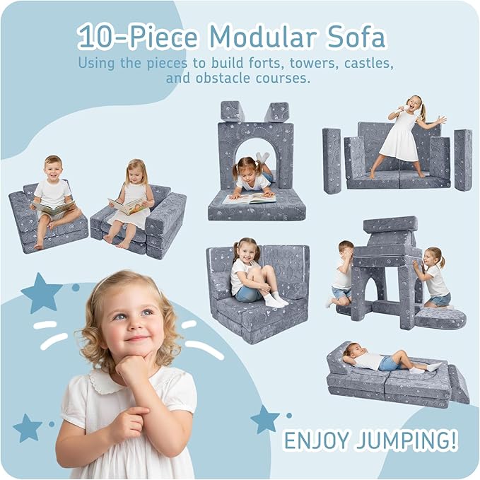 MeMoreCool 10-Piece Kids Play Couch – Modular Foam Sofa Set for Playroom, Fold-Out Convertible Toddler Furniture | Glow-in-The-Dark Dino Design, Washable Covers, Imaginative Play for Boys & Girls
