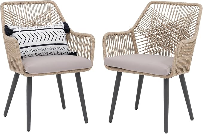 Patiorama Patio Dining Chair Set of 2, Woven Rope Outdoor Dining Chairs w/Steel Frame, All-Weather Twisted Rattan Chairs w/Armrest & Cushion, Outdoor Dining Wicker Chairs for Backyard Garden(Beige)