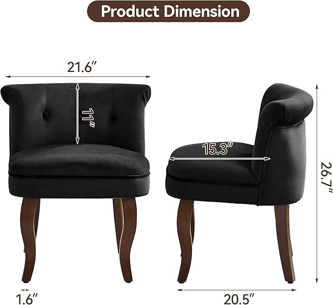 WUTUTUEE Velvet Vanity Chair with Solid Wood Legs, Tufted Upholstered Vanity Stool with Back, Mid Century Small Makeup Accent Chair for Bedroom, Living Room, Black