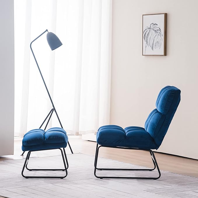 MCombo Velvet Accent Chair with Ottoman Set, Modern Armless Chair for Living Room, Bedroom, Small Space 0014 (Velvet, Blue)