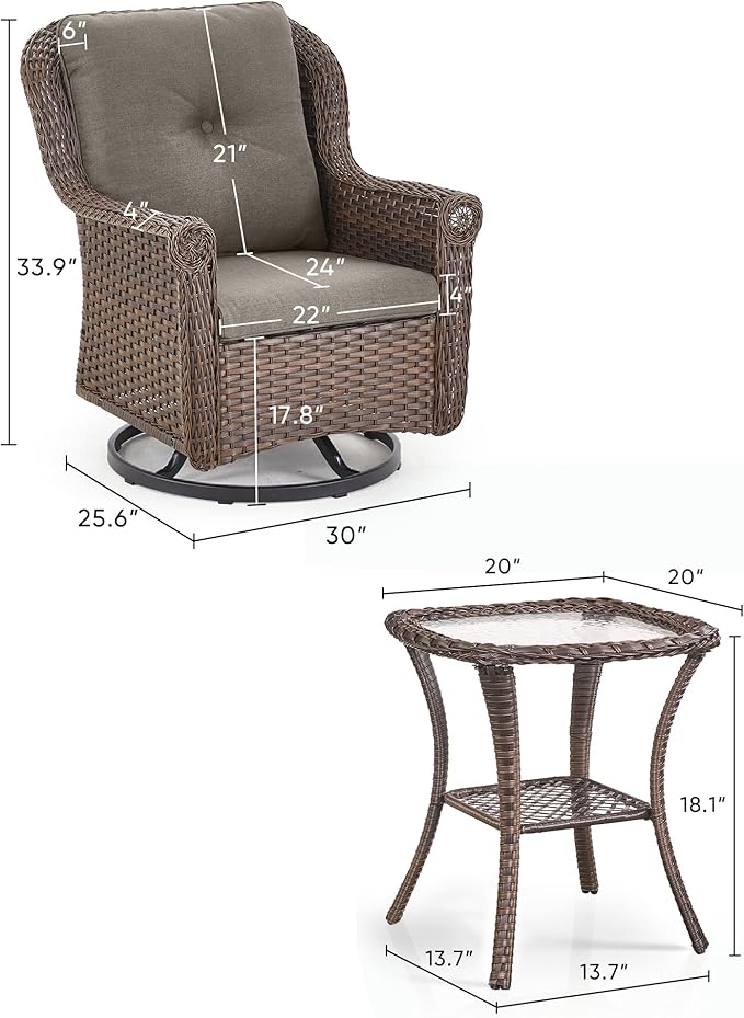 ACTREST 3 Piece Patio Swivel Chairs and Side Table Set - High Back Outdoor Brown Wicker Rattan Rocking Glider with Thick Cushions for Porch Apartment Deck Yard Poolside Garden - Grey