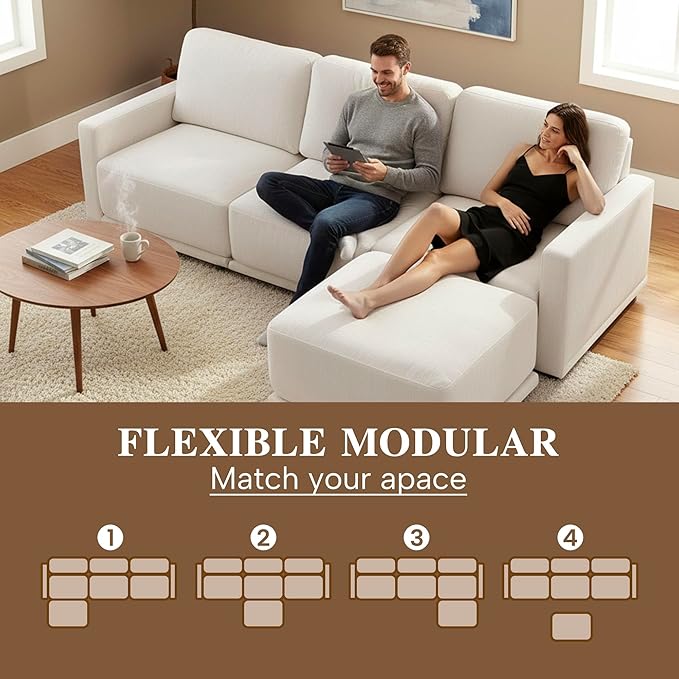 CAPCAPA 112" Modular Sectional Couches for Living Room, L-Shaped Modern Sofa with Ottoman, 4-Piece Chenille Sofa Set for Home Furniture, Beige