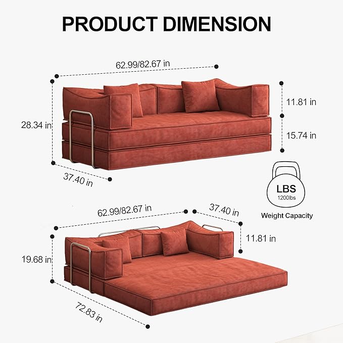 Carzzi-Life 79" Convertible Sofa Bed with Pillows, Corduroy Folding Sleeper Sofa with Fixed-Shape Frame, Boneless Couch for Living Room Bedroom, Floor Sofa Lounge No Assembly Required