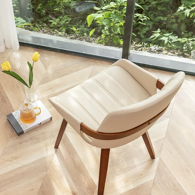 YOUUGIOR Mid Century Modern Faux Leather Upholstered Dining Chairs,Armless Accent Chairs with Sturdy Natural Wood Legs,Bamboo Backrest Support for Kitchen&Dining Room Chairs(Set of 4,Beige)