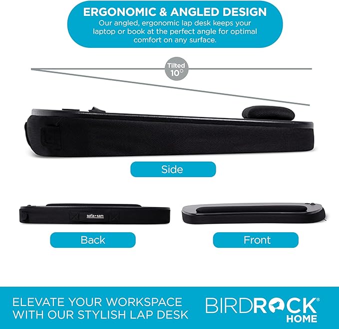 BIRDROCK HOME Oversized Lap Desk with Memory Foam Cushion - Portable w/USB Light & Wrist Rest, Ideal for Work from Home, Students & Gaming, Ergonomic Design for Comfort - Matte Black