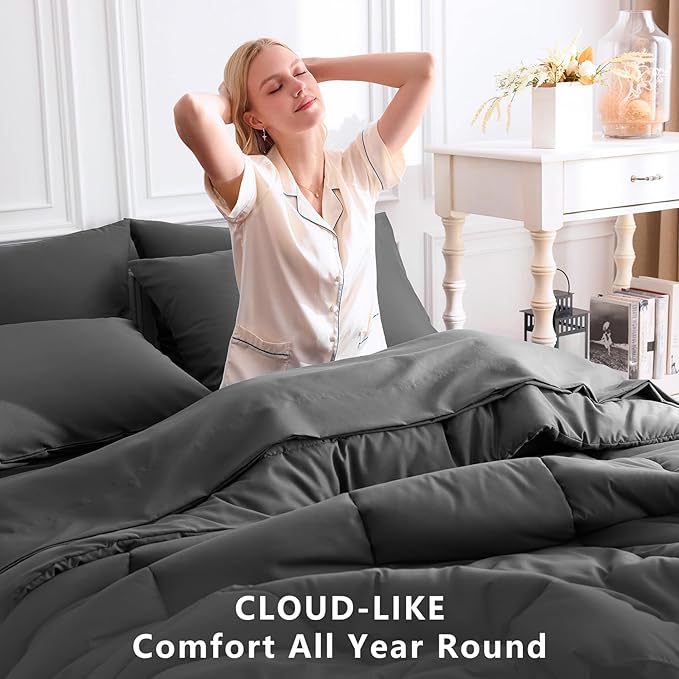 CozyLux Oversized King Comforter Sets Dark Grey, 7 Pieces Bed in a Bag, Ultra-Soft All Season Bedding Sets with Stitch Quilted Comforter, Flat Sheet, Fitted Sheet, Pillowcases, Dark Gray