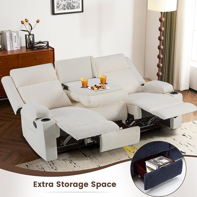 PALLOME Chenille Reclining Sofa 3-Seater with Convertible Table, Storage Ottoman & Cup Holders | Modern Space-Saving Couch, Ergonomic Living Room Furniture (Cream)