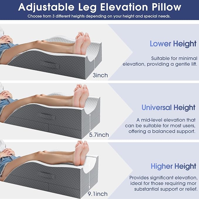 Leg Pillow, Leg Elevation Pillow with Pad and Memory Foam, Height Adjustable Bolster Pillow for Legs, Leg Pillow Elevation Blood Circulation, for Post-Surgery, Grey & White
