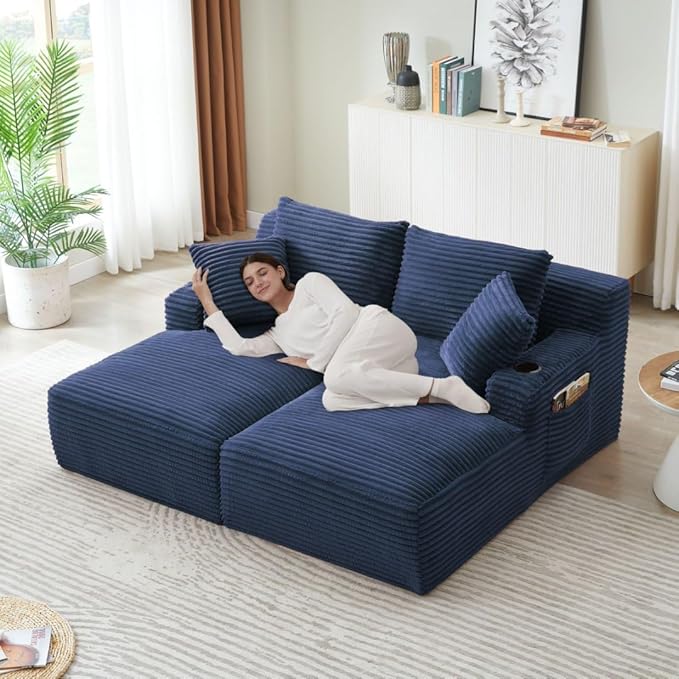 71" Oversized Double Chaise Lounge Sofa Indoor Boneless Sleeper Daybed, Fluffy Corduroy Upholstered Compressed Cloud Couch Loveseat Sofabed, Floor Chair w/Cupholders, Side Pockets for Living Room