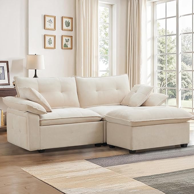 PALLOME 82" Deep Seat Comfy Cloud Couch, Modular Sectional Sofa with Movable Ottoman, L Shaped Chenille Sofa for Small Space, Modern Apartment Living Room & Office (Beige, 2-Seat + Ottoman)