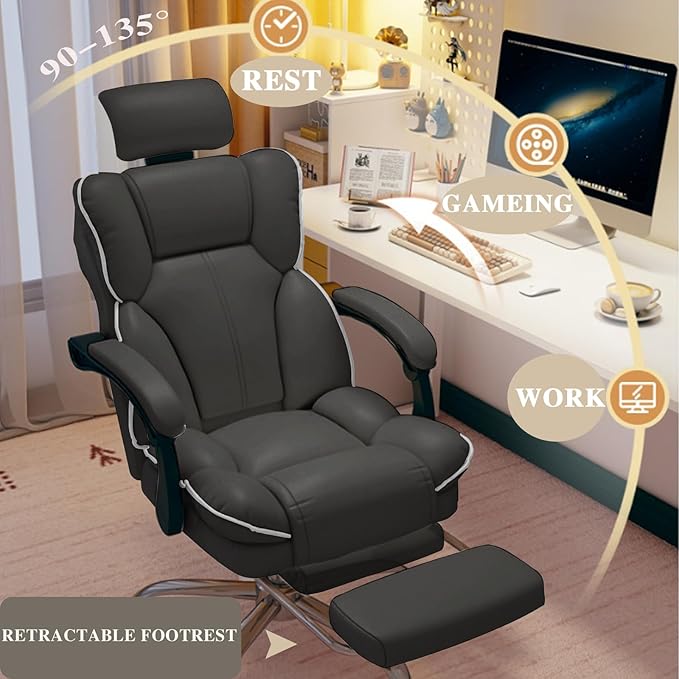 Office Chair Big and Tall Executive Desk Chair with Leg Rest, Adjustable Height Computer Gaming Chair with Headrest for Home Office, Black