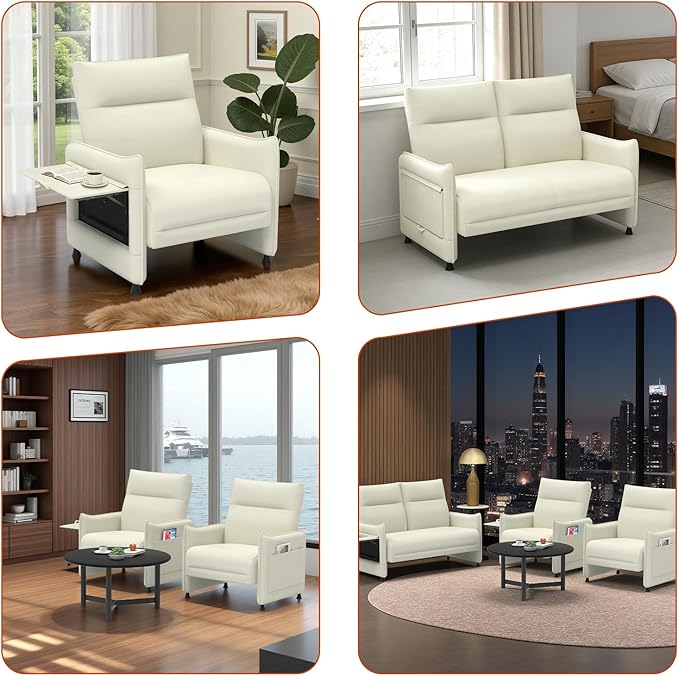 3-Piece Living Room Sofa Set, Faux Leather Loveseat & Accent Chairs Set of 2 with Hidden Foldable Tray & Side Pocket, Front Contour Arm Design, Upholstered Sofa Set for Office, Beige